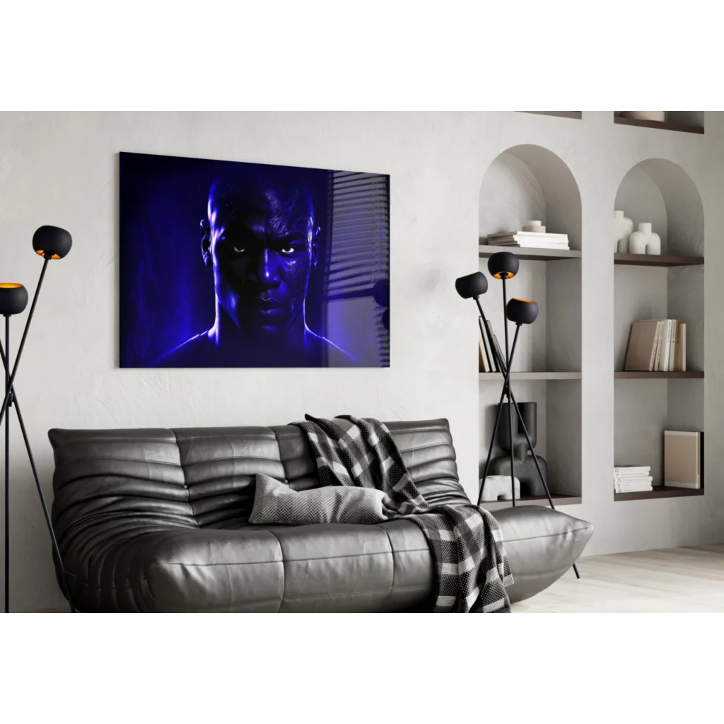 Striking blue-toned glowing portrait canvas wall art with mystical eyes