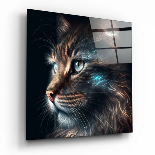 Stylized long-haired cat with glowing blue eyes in glass wall art