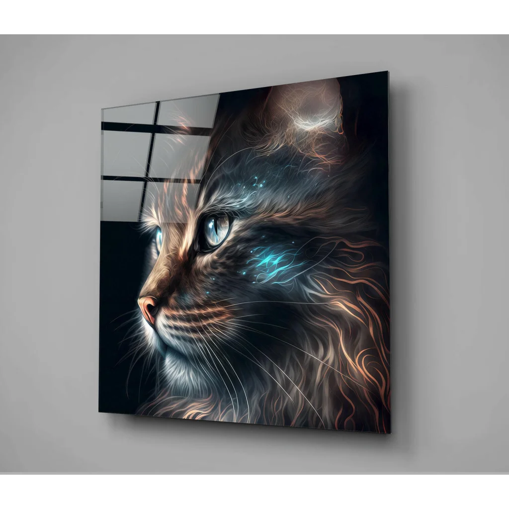 Glowing cat energy glass wall art with copper waves on square frame