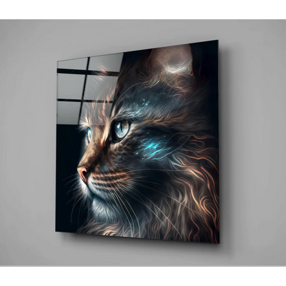 Glowing cat energy glass wall art with copper waves on square frame