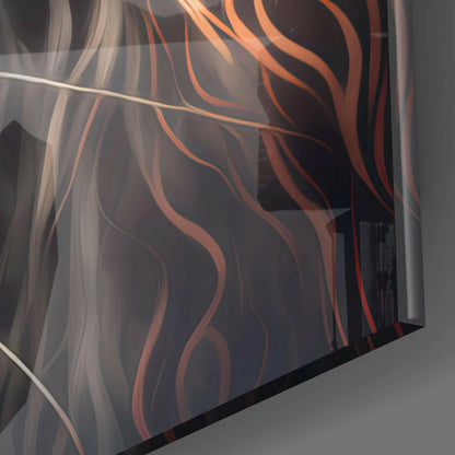 Glowing Cat Energy glass wall art with copper abstract wavy lines