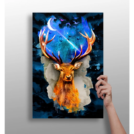 Vibrant glowing cosmic deer aluminum print with orange antlers and celestial magic