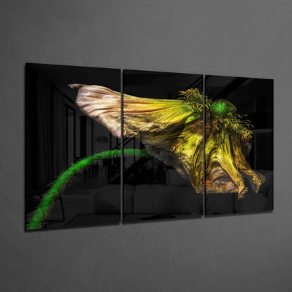 Vibrant green glowing dragon insect on glass wall art triptych print