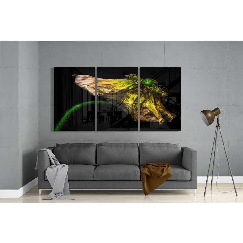 Glowing Dragon Insect Triptych glass wall art print
