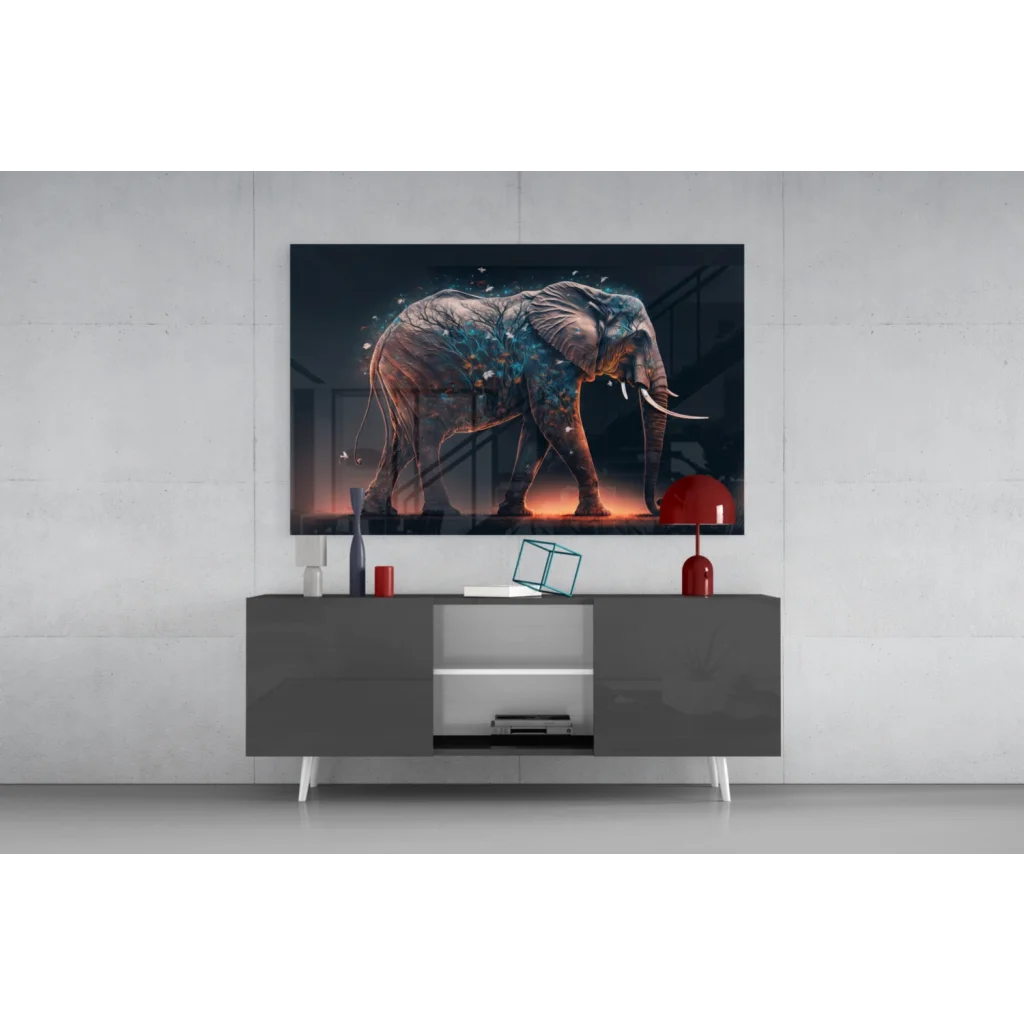 Vibrant Glowing Elephant Glass Wall Art in Blue and Orange