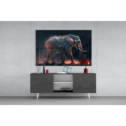 Vibrant Glowing Elephant Glass Wall Art in Blue and Orange