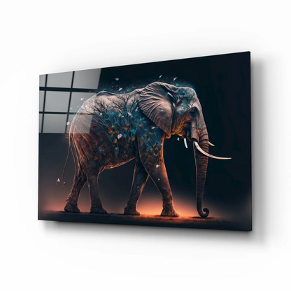 Glowing elephant glass wall art in orange and blue metallic finish