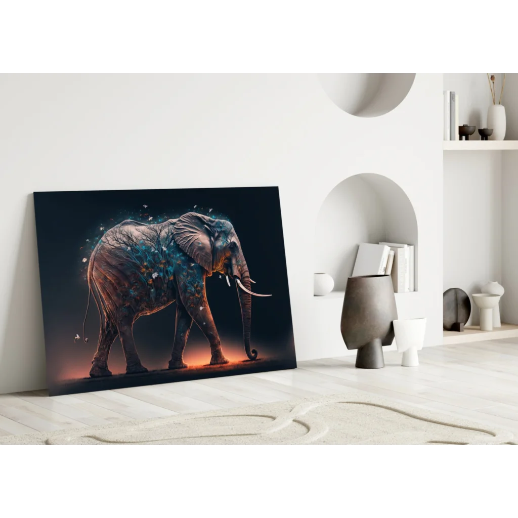 Glowing elephant glass wall art in blue and orange hues