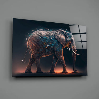 Glowing elephant glass wall art in blue orange hues