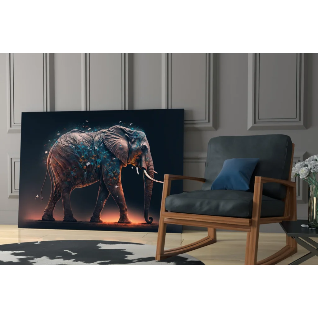 Glowing elephant glass wall art in blue and orange hues