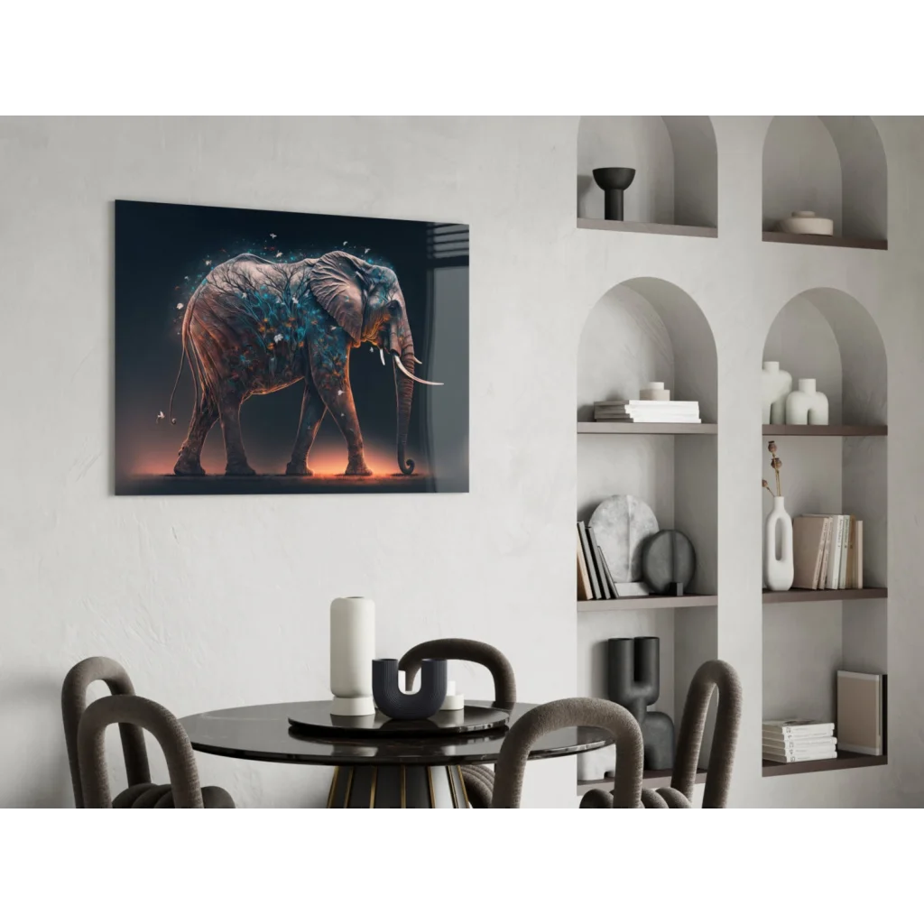 Glowing elephant glass wall art in blue orange metallic hues