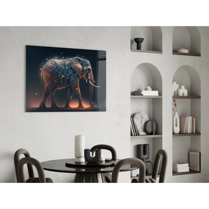 Glowing elephant glass wall art in blue orange metallic hues