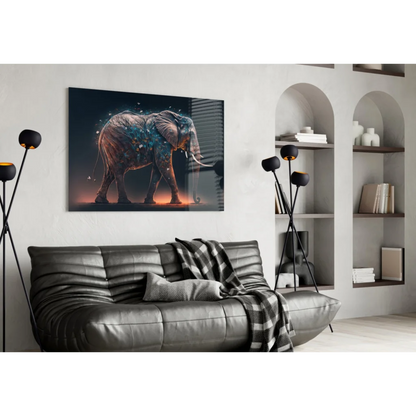 Modern black leather sofa with geometric pattern and plaid throw blanket under Glowing Elephant glass wall art in blue and orange