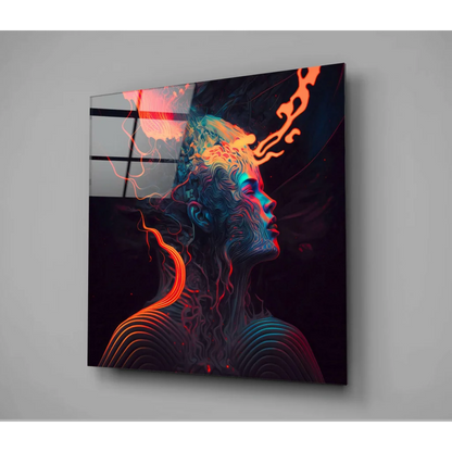 Vibrant glowing energy profile glass wall art with neon orange cyan effects