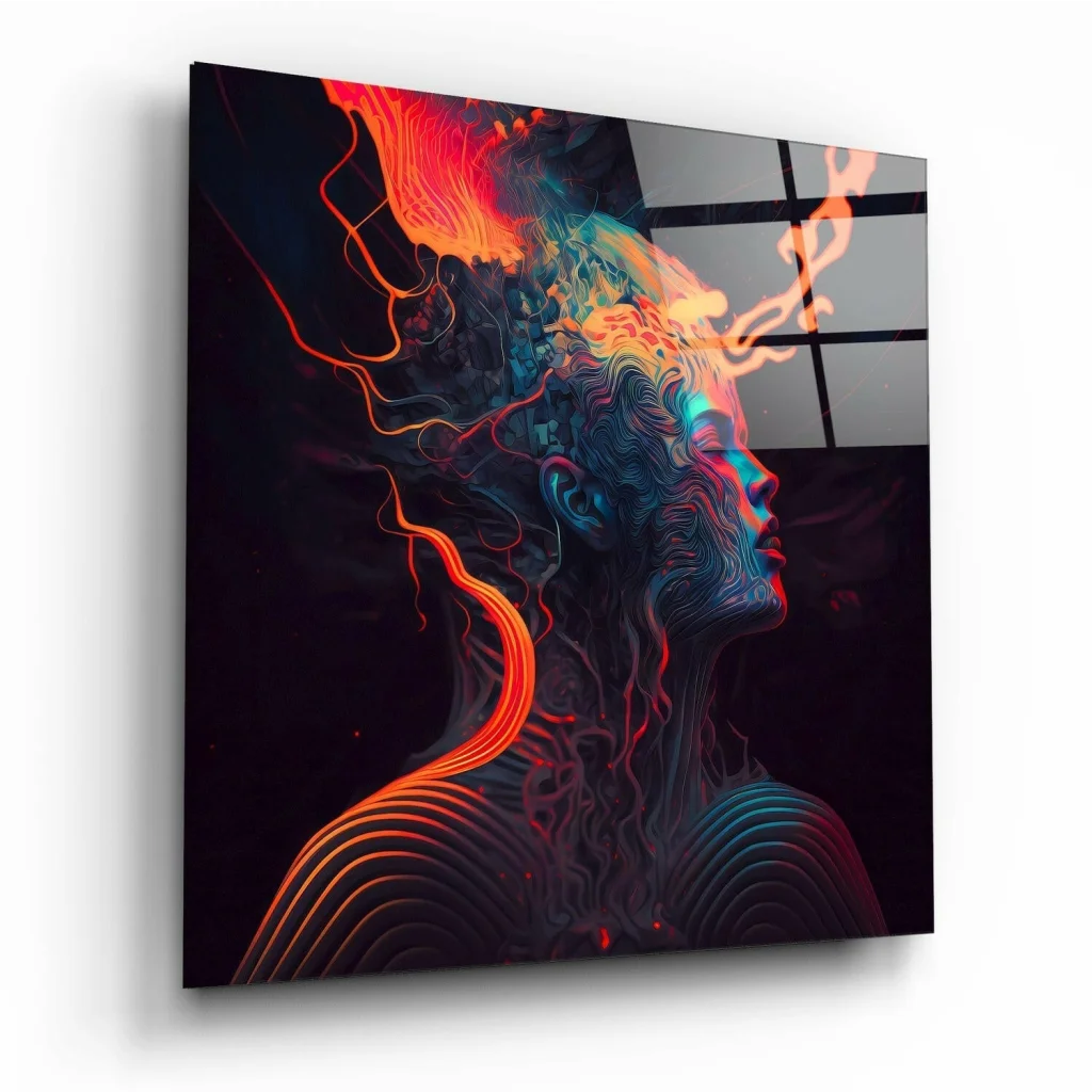 Vibrant glowing energy profile glass wall art with neon effects