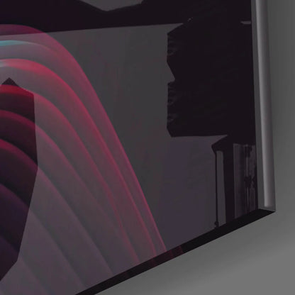Sleek black frame monitor glowing with red pink neon effects on glass wall art