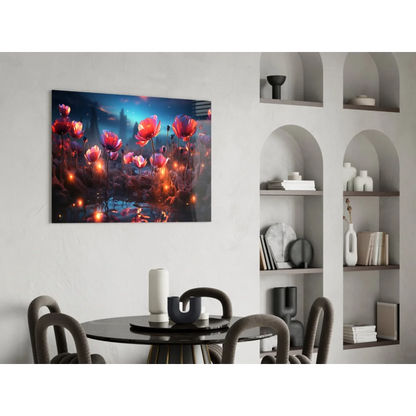 Vibrant glowing floral glass wall art with starry night lights