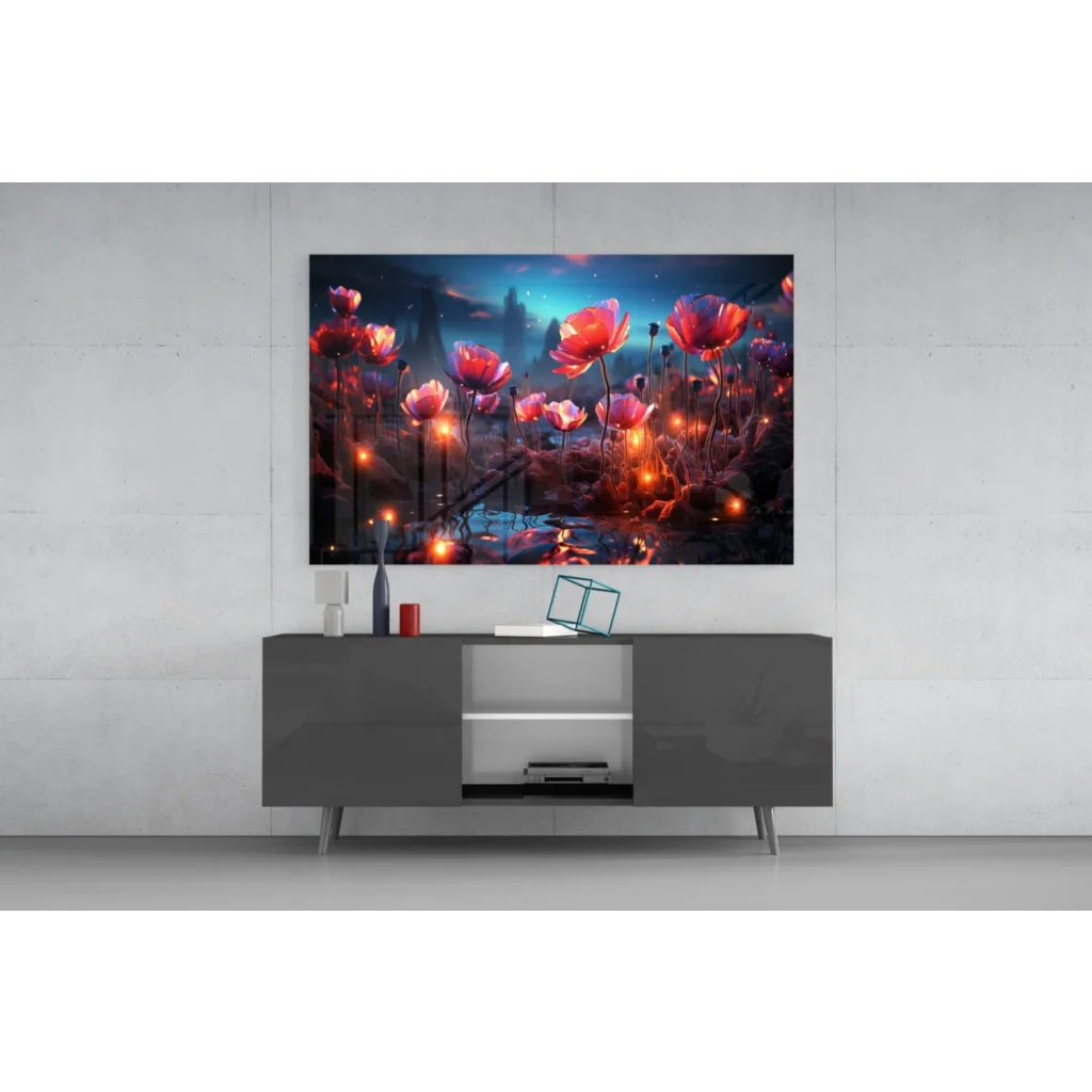 Samsung QLED TV in glowing floral glass wall art with starry lights