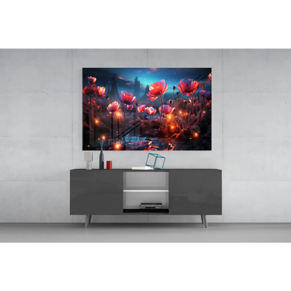 Samsung QLED TV in glowing floral glass wall art with starry lights