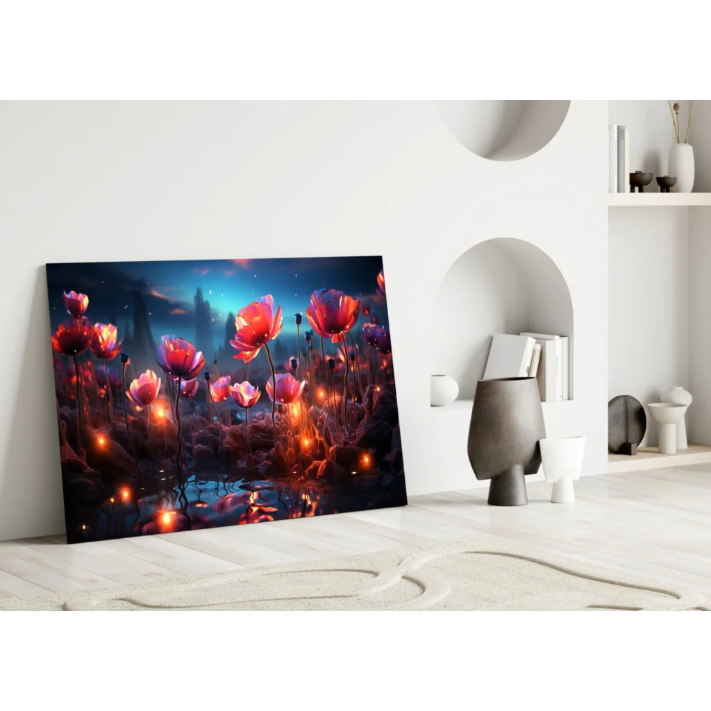 Vibrant glowing floral glass wall art with starry night lights