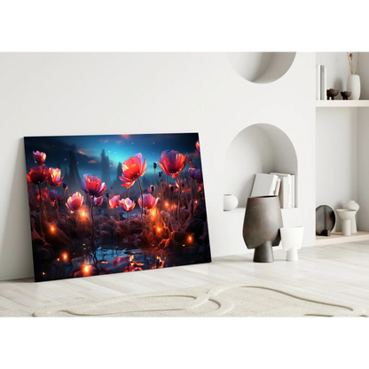 Vibrant glowing floral glass wall art with starry night lights