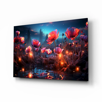 Glowing red poppy glass wall art with starry night lights