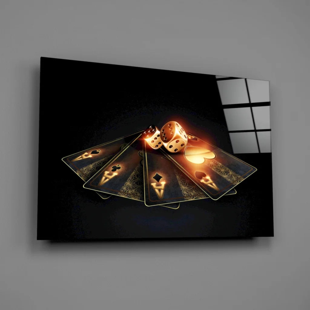 Glossy black canvas wall art with golden casino cards and dice