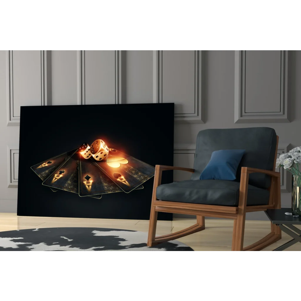 Glowing gold casino cards and dice on black canvas wall art