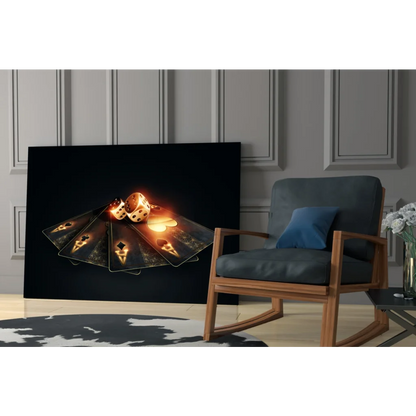 Glowing gold casino cards and dice on black canvas wall art
