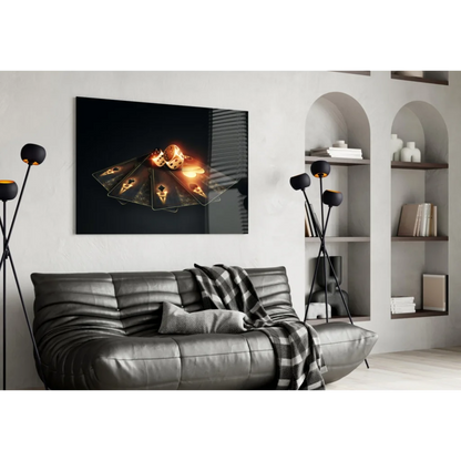 Glowing gold casino cards and dice black framed wall art canvas print