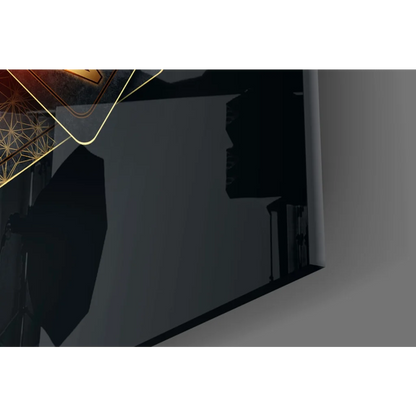 Black reflective glass wall art with gold geometric casino cards and dice accents