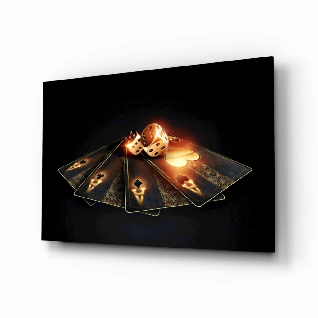 Glowing gold casino cards and dice black canvas wall art