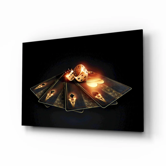 Glowing gold casino cards and dice black canvas wall art
