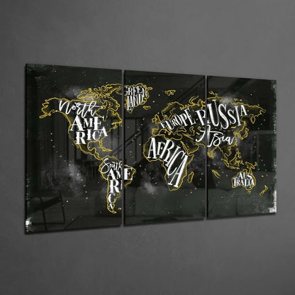 Glowing gold world map wall art canvas triptych in black and neon yellow