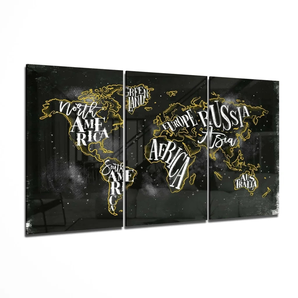 Black and gold glowing world map triptych wall art canvas