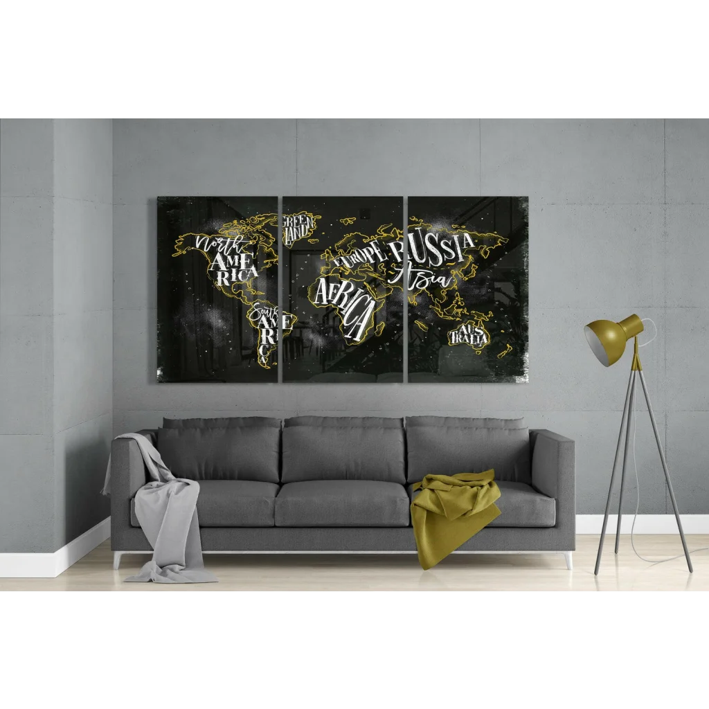 Glowing gold world map wall art canvas triptych in black and gold above gray sofa