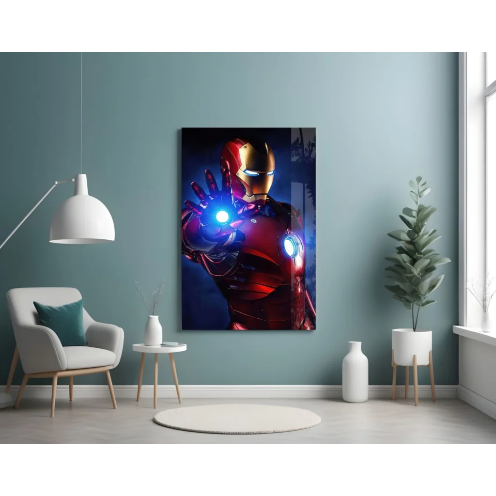 Glowing Iron Man Arc Reactor Glass Wall Art Poster with Tony Starks Suit