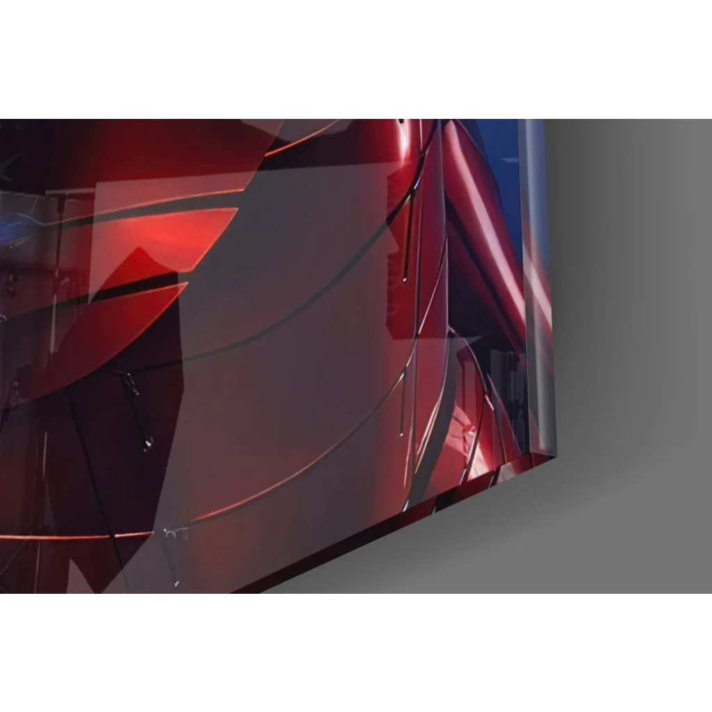 Red and blue Iron Man helmet on glowing Arc Reactor glass wall art