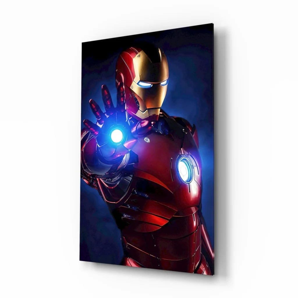 Glowing Iron Man arc reactor glass wall art with repulsors