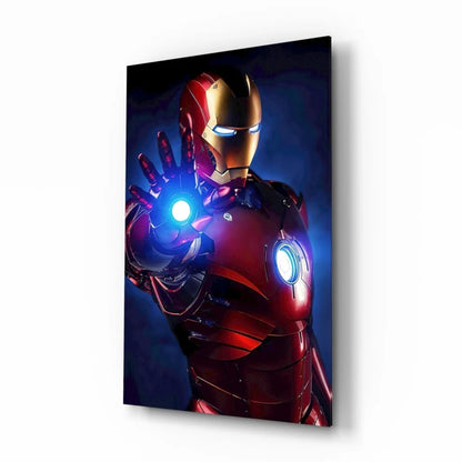 Glowing Iron Man arc reactor glass wall art with repulsors
