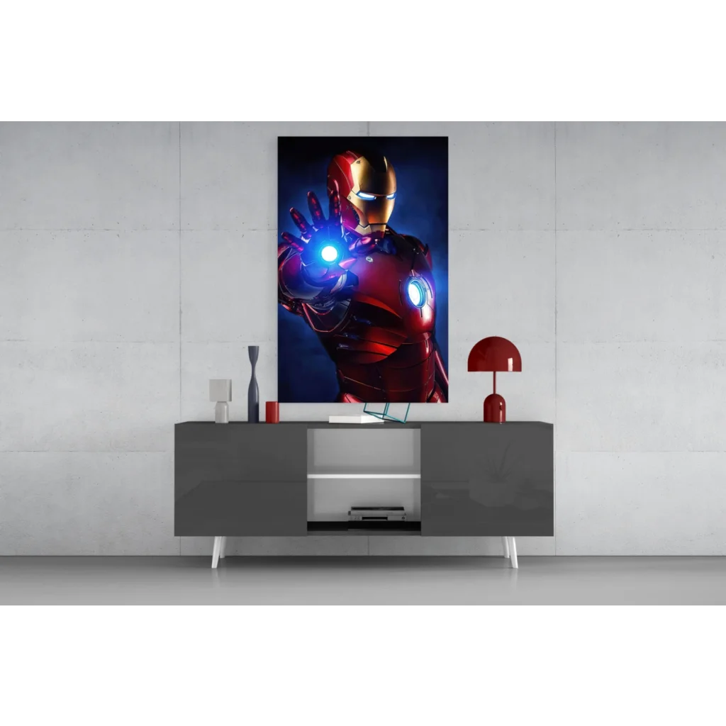 Glowing Iron Man Arc Reactor Glass Wall Art Poster with blue red lights