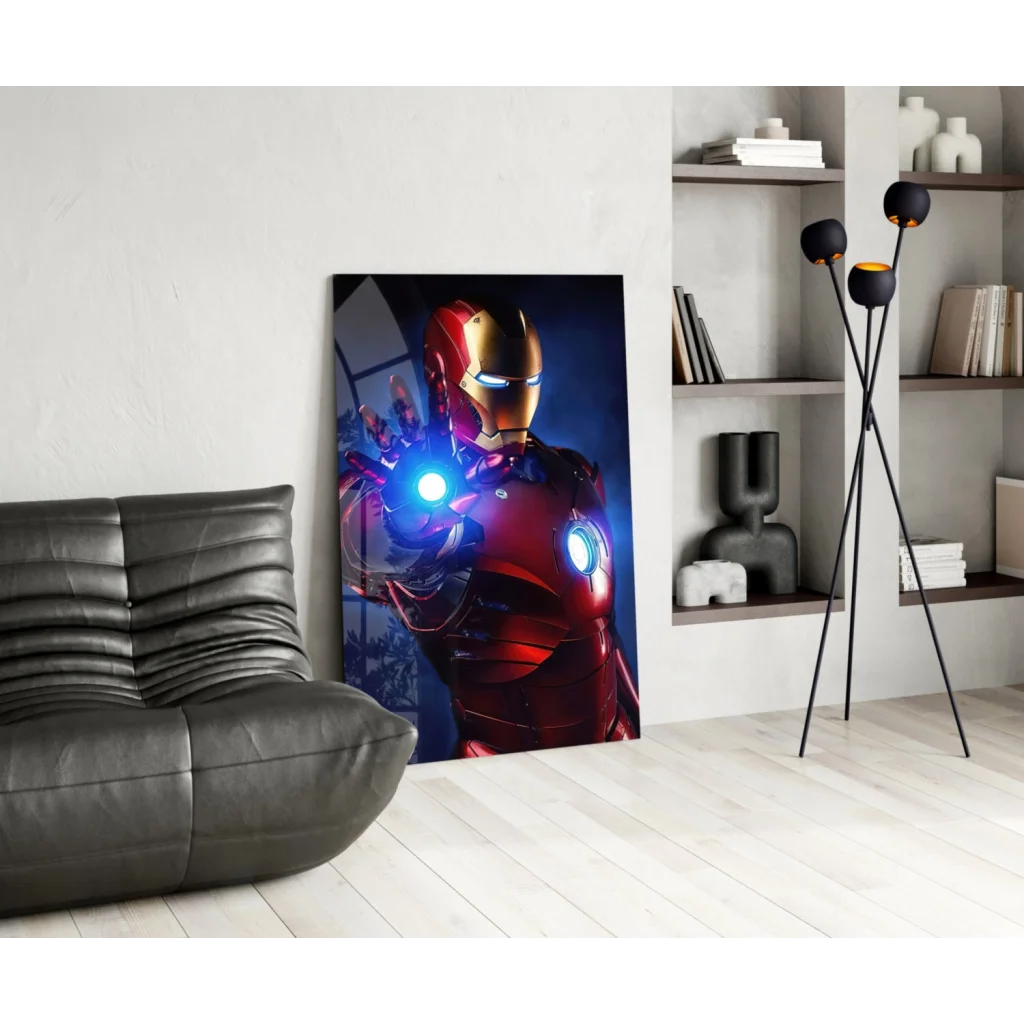 Glowing Iron Man arc reactor glass wall art poster with red gold armor blue lights black background