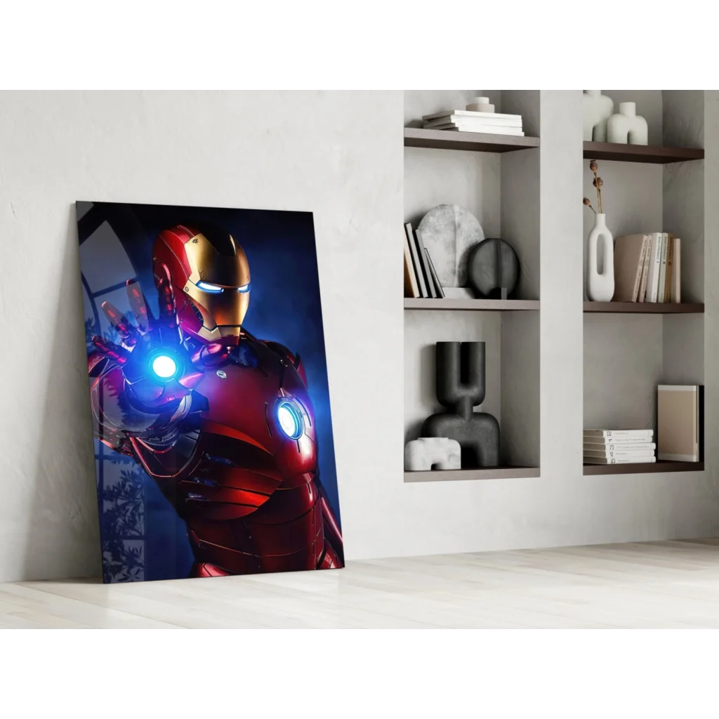 Glowing Iron Man arc reactor glass wall art poster with red armor