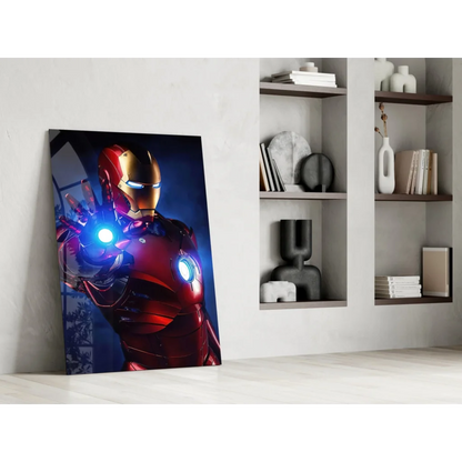 Glowing Iron Man arc reactor glass wall art poster with red armor