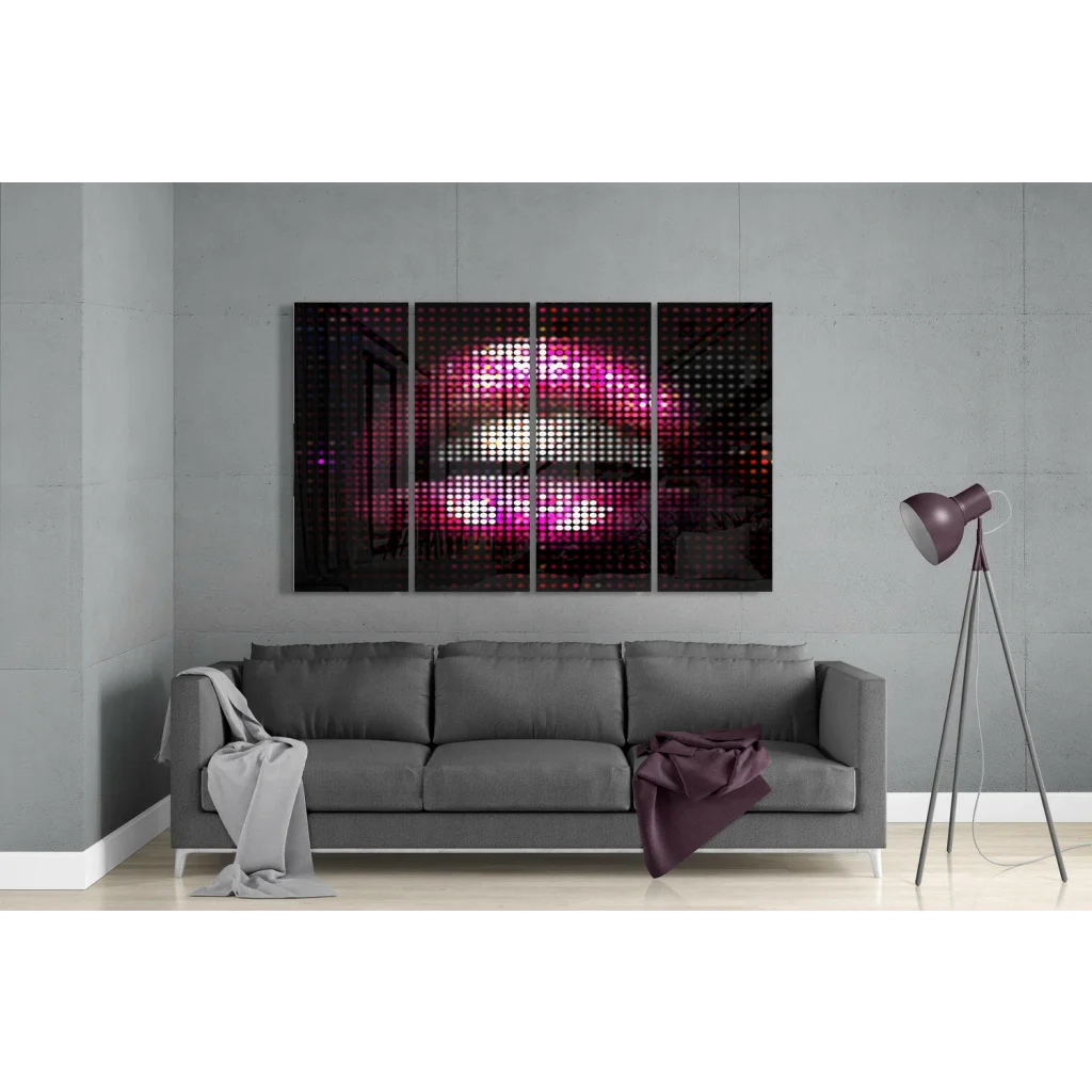 Vibrant pink black abstract glass wall art with neon cityscapes