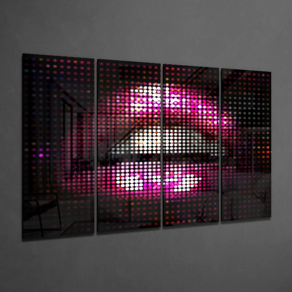 4-panel glowing LED glass wall art with neon purple-pink cityscape