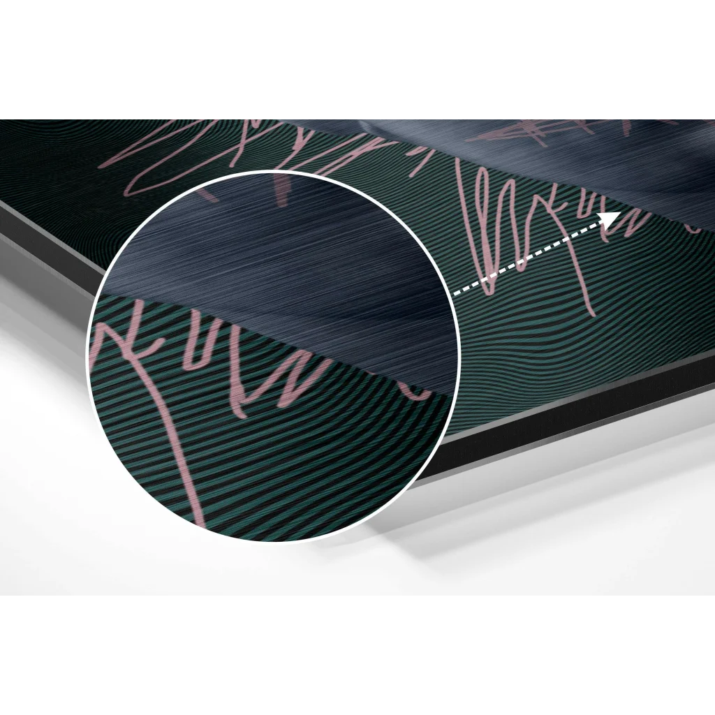 glass wall art Dark green ribbed canvas with pink cursive on glowing marble bust art in brushed aluminium dibond