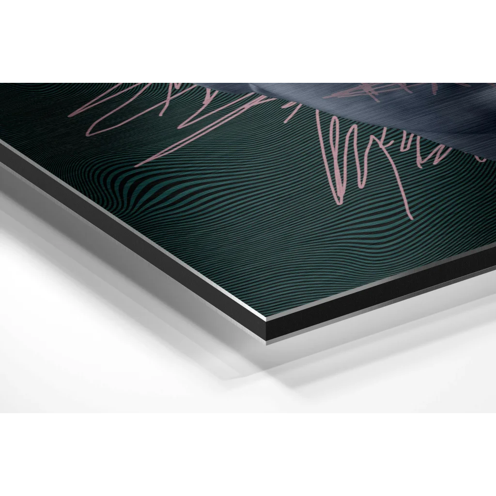Dark green acrylic print with pink cursive on brushed aluminium dibond