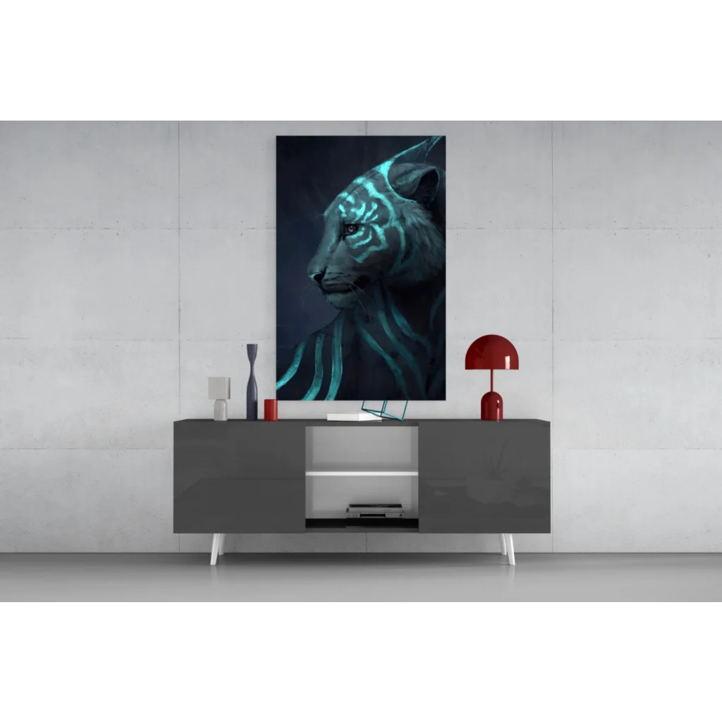 Glowing neon cat wall art with electric tiger stripes on glass