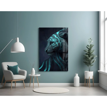 Teal tiger canvas wall art print on black background